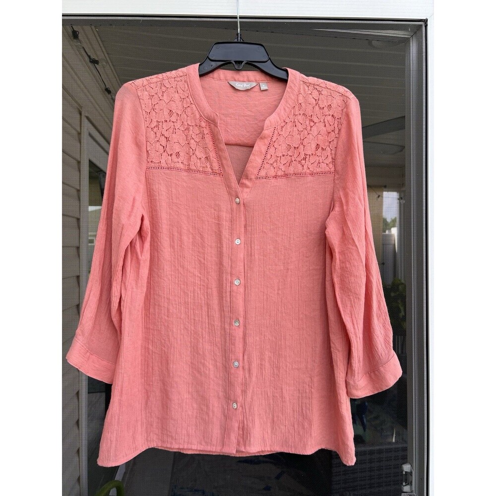 128 Coral Bay PM Pink Crochet Lace V Neck 3/4 Sleeve Cotton Slub Knit Top NWT